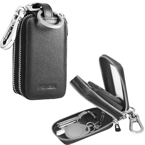 Funda Llave Coche de Cuero con Doble Cremallera, Estuche para Mando Garaje y Llaves, Organizador de Llaves Universal con Gancho Metálico, Negro, 9x5.5x3.5cm