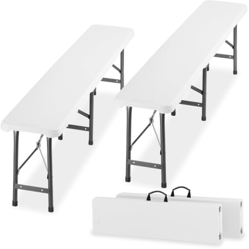 tectake® Lot 2 Bancs pliants de Camping 180cm, Charge Max. 500kg, Résistants aux intempéries, Rangement compact pratique et poignées de transport, Banc pliable Pique-Nique, Mobilier de Camping - Blanc
