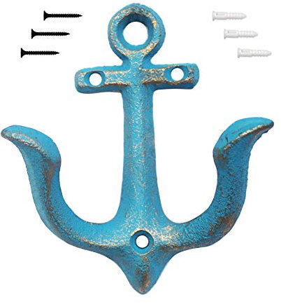 KiaoTime Blue Vintage Rustic Cast Iron Nautical Anchor Design Wall Hooks Coat Hooks Rack, Decorative Wall Mounted Antique Shabby Chic Metal Home Bathroom Towel Coat Hooks Hanger