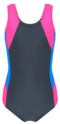 Aquarti Mädchen Badeanzug mit Ringerrücken – Sport Badeanzug Mädchen, Chlorresistent, Farbe: Graphit/Blau/Pink, Größe: 152