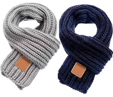 Zhanmai 2 Pcs Toddler Scarf Kids Warm Set Winter Knit Scarves Soft Neck Warmer for Boys Girls Children(Denim Blue, Light Grey)