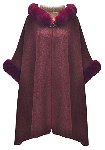 ZLYC Hiver Fausse Fourrure Cape Chaud Tricoté Ponchos Châles à Capuche(Bourgogne),Taille Unique