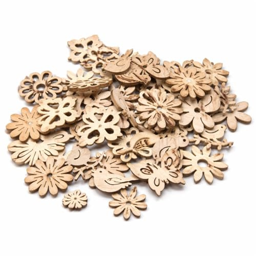 Perlin Träspridningsdekoration 100 stycken blommor djur former gör-det-själv set för målning scrapbooking bordsdekoration, bröllop, kreativt set 23–34 mm natur