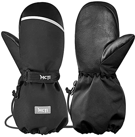 MCTi Kids Mittens Waterproof Winter Ski Warm Sherpa Lined Long Cuff with String (Black, X-Small(Fits 8-11 Years))