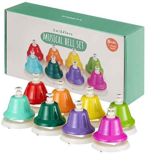 THE TWIDDLERS Buntes 8-Noten Handglockenset mit Notenheft & Geschenkbox - Regenbogenfarben Handglocke Musik, Musikalische Früherziehung für Babys & Kinder