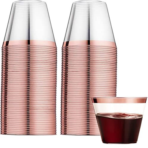 LATERN 60 Pièces Gobelets en Plastique Bordés D'or Rose, 270ml Réutilisables pour Champagne Bière Cocktail Martini Soda (8,9 x 7,1cm)
