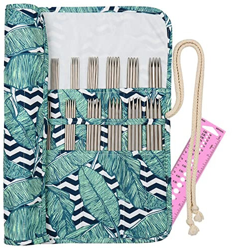 Aeelike 57 Pcs Stricknadeln Edelstahl Stricknadeln Set mit Tasche und Nadellehre, 2,0-6,5 mm Metall Doppelspitzen Stricknadel Set für Socken, Pullover und Ärmel, 20 cm Lang Werkzeug Craft Nadelspiel