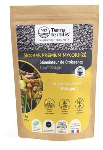 TERRA FERTILIS - Fertilisant Plantes spécial Potager - à base de Biochar Mycorhizé - Augmente la production et améliore la résistance des légumes - Réduit les besoins d’engrais et d'arrosage - Sac 1kg