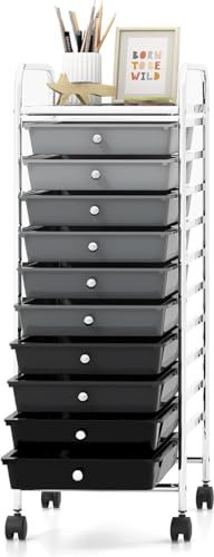 GIANTEX Rollwagen mit 10 stapelbaren Schubladen, Schubladenwagen Badrollwagen Küchenwagen mit feststellbaren Rollen, Aufbewahrungswagen Haushaltswagen Metallgestell für Küche Büro (Hellgrau+Schwarz)