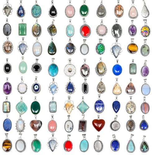 SUNYARAN Handmade 10 Pcs Healing Gemstones & Crystals Pendant Set for Necklaces, Silver Plated Chunky Stones Pendant Necklaces for Women, Boho Statement Jewelry Birthday Gifts Pack for Women
