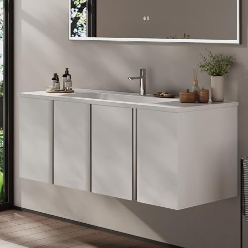 BRIDGE BENO Set Di Mobili Da Bagno Con Lavabo E Mobiletto Sottolavabo | Mobiletto Da 120 Cm, 4 Ante Con Chiusura Ammortizzata | Set Completo Da Bagno, Bianco Opaco