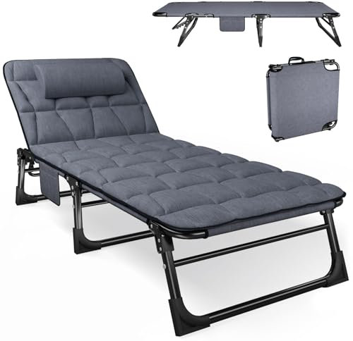 ATORPOK SHOP Bain de Soleil avec Dossier 5 pos réglable, lit de Camping Multi-usages Portable et Chaise Longue inclinable pour Jardin/Piscine/Terrasse, Matelas rembourré et Oreiller - Bleu