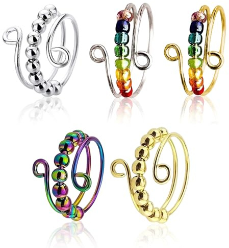 Pack de 5 Anneaux de Compétences, Anneau TDAH, Ensemble de Compétences Anti-Stress pour Adultes, Jouets Fidget,Bague Reglable Femme,Bague D'anxiété pour Filles et Femmes