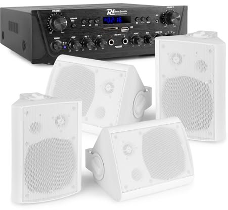 Power Dynamics Sistema de Sonido Profesional - 4 Altavoces Blancos, Bluetooth, USB, FM, Amplificador Integrado, Resistente al Agua IPX5, Soportes y Cables Incluidos, Ideal para Negocios y Hogar