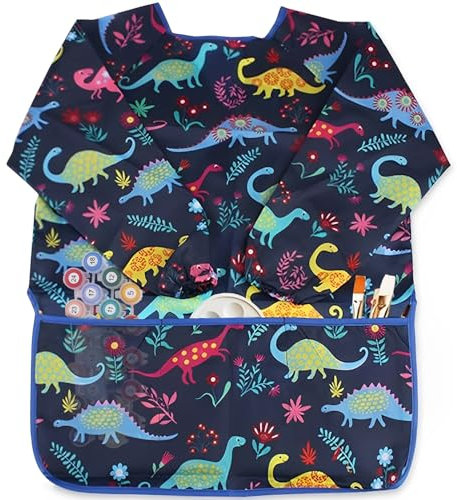 Voarge Malschürze Kinder, Dinosaurier Malschürze kinder Wasserdichte Lätzchen mit ärmeln Schürze, Nylon, M (Bunt)