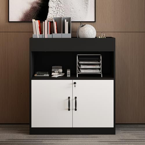 PREMTURE File Cabinet, Filing Cabinet with Lockable Cupboard, Office Storage Cabinets with Open Shelf, Printer Stand for A4 Files Home Office, Black & White, 40 D × 80 W × 90 H cm