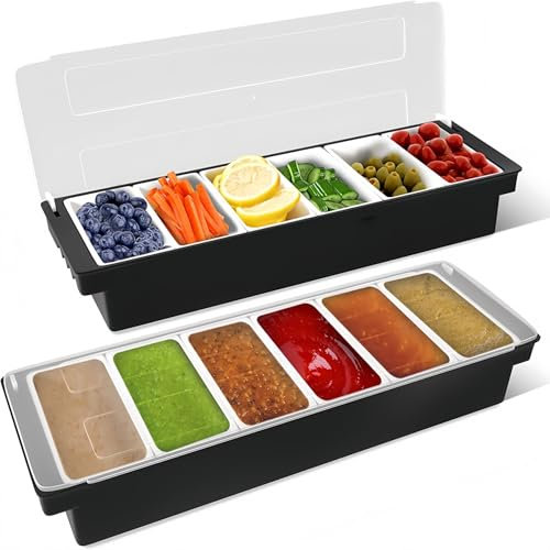 Küchera Pizza Topping Station with 6 Compartments – Ice-Cooled Condiment Dispenser for Ingredients, Garnishes & Seasonings – Large Plastic Salad Bar Tray for Home, Buffet, Catering, or Restaurant Use