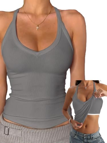 Danysu V Neck Tank Top with Built in Bra Spaghetti Strap Long Tank Tops for Women 2025 Going Out Tops Heather Grey XL