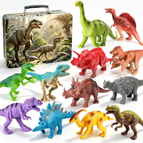 HahaGift Dinosaur Toys for Boys: 12PCS Realistic Dinosaur Figures with Metal Storage Box for Kids Age 2 3 4, Dino Game Toys for 2 3 4 5 Year Old Boys Birthday Gifts
