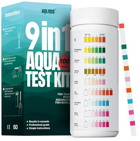 Wolmds Bandelettes Test Aquarium - 9-en-1 Testeur Eau Aquarium: Test Aquarium Eau Douce & Salée, Bandelette pH, Test Dureté de l'Eau, Accessoires Aquarium, 100 Tests Rapides pour Tetra & Plus