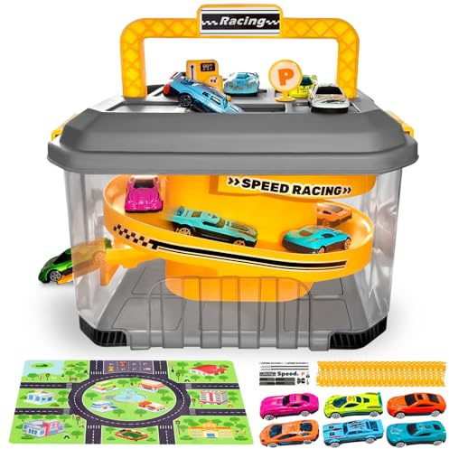 Toy Car Track Storage Playset - Toddler Toys for Ages 2-4, Toy Car Set Including 12 Diecast Cars, PlayMat, Race Tracks, Car Ramp, Kids Birthyday Gift for 1 2 3 4 5 Year Old Boys