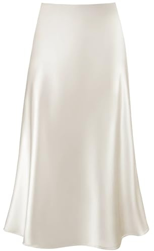 Modegal Women's Satin High Waist Hidden Elasticized Waistband Flared Casual A Line Midi Skirt (Lined Beige, Small)