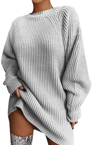 YCBMINGCAN Robe pull pour femme en tricot oversized à manches longues | Pull long décontracté en gros tricot avec col rond | Chaud mini robe en tricot pour l'automne et l'hiver | Pull basique, gris, M