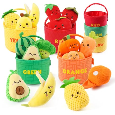 Baby Sensory Toys, Montessori Learning Basket with Soft Sorting Play Food, Crinkle & Rattle Toys for 6-12 Months Infants, Fine Motor Skills Gift for 1 Year Old Boys Girls Sorting & Stacking Toys