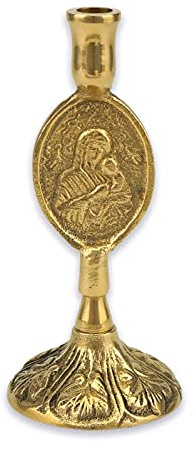 Theotokos Design Brass Candle Holder – Christian Candlestick for Thin Orthodox Candles, 3.74 in Height