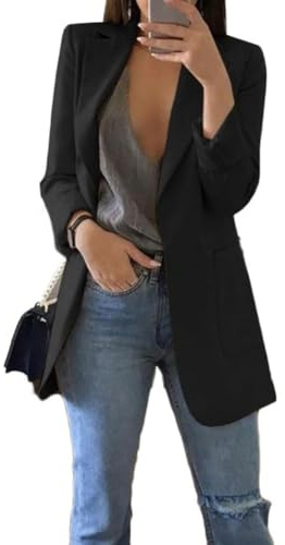 Generisch Blazer - Chaqueta larga para mujer, elegante, para negocios, chaqueta larga, chaqueta fina, cárdigan para mujer, traje estampado, blazer largo para mujer, C negro., M