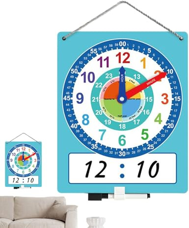 Reloj De Aprendizaje Para Niños | Reloj Educativo De Borrado En Seco Para Niños, Herramienta De Práctica De Tiempo De Doble Cara Con Área De Escritura De Borrado En Seco, Recurso Educativo De Estilo L