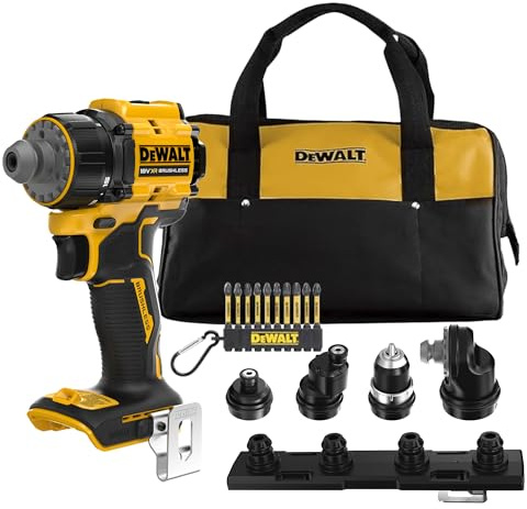 DEWALT Trapano Avvitatore Multi-Testa 18V XR con 4 Teste Intercambiabili, Borsa Morbida e Set inserti con 10 Pezzi da 57mm PH & PZ FLEXTORQ per Avvitatura, solo Utensile, DCD803KN-XJ