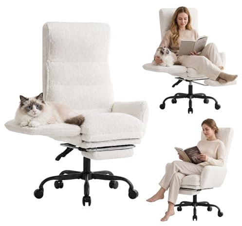 Submi Chaise Bureau Grande et Haute, Chaise de Bureau Ergonomique avec Repose-Pieds, Fauteuil Bureau Inclinable à 145°, Cross Leg Chaise avec Accoudoirs Basculants pour Animaux en Tissu Teddy, Beige
