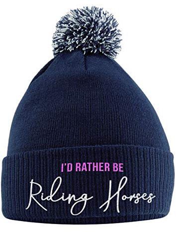SaveThePeople I'd Rather Be Riding Horses Hat - Bobble Beanie Hat - Horse Riding Gifts for Girls - Winter Beanie Hat with Horse Slogan Embroidered On The Front Navy