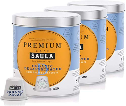 Premium Saula Kaffe komposterbara kapslar kompatibla , Pack 3 kaburkar med 60 kapslar koffeinfritt 100% Arabica