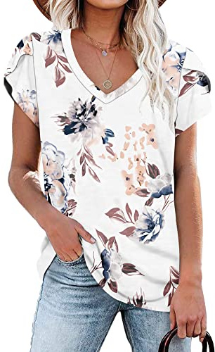 PLOKNRD Casual Tops for Women UK Summer Short Sleeve Tops Classic V Neck for Ladies (Floral White,M)