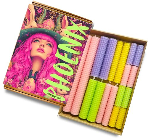 Phoenix Candle Company | Ostara Beeswax Altar Candles Set with Ostara Guide & Wheel of the Year - 18 Count - Hand-Rolled