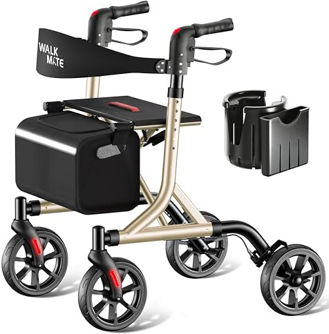 WALK MATE Deambulatori Rollator con Schienale per Anziani e Adulti, Deambulatore con Ruote da 8 Pollici, Portabicchieri, Design Compatto e Pieghevole, Leggero per Mobilità, Telaio in Alluminio, Oro