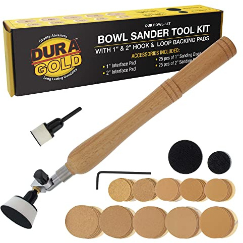 Dura-Gold Woodturning Bowl Sander Tool Kit - 1 & 2 Hook & Loop Backing Pads, 50 Sanding Discs (60 to 320 Grit), Dual Bearing, Hardwood Handle, 1/4 Mandrel, Sandpaper Woodworking