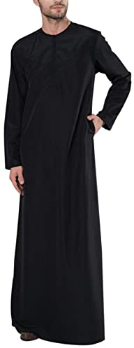 Kaftan da uomo Abaya, abbigliamento islamico arabo musulmano da uomo, stampa musulmana Kaftan islamico, maniche lunghe, scollo a O, tunica retrò, abaya, kandoura sciolta, Kaftan reale di Dubai, Nero