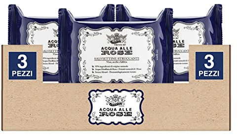 Acqua Alle Rose Salviette Struccanti Viso Occhi Labbra con Ingredienti di Origine Naturale Senza Alcol per una Pelle Purificata Fresca Tonica Dermatologicamente Testate - 3 Confezioni da 20 Salviette