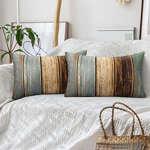 Hanrunsi Funda Cojines Verde 30x50 Hogar Almohadas Fundas Lino Rayas Colores Casa de Campo Granero Rústico Textura de Madera Rojo Naranja Gris Funda Almohada para Sofá Balcón Juego de 2
