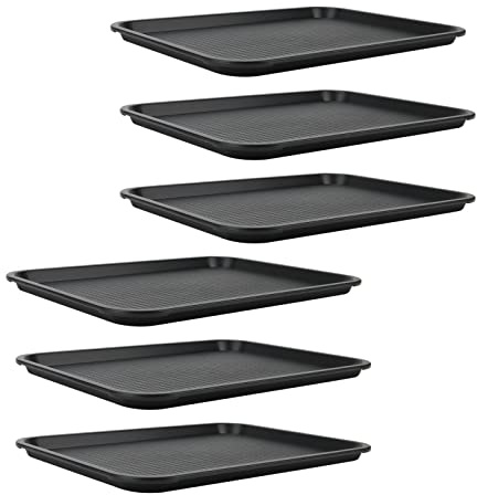 JAPCHET 6 Pack Black Fast Food Tray, 41.5 x 30.5cm Plastic Rectangular Drink Serving Tray for Kitchen, Hotels, Restaurants, Coffee Shops