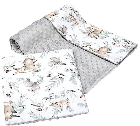 Medi Partners Babydecke Krabbeldecke mit Kissen 100% Baumwolle Minky Kinderdecke groß zweiseitig 75x100 + 35x30cm multifunktional für Bett Kinderwagen (Hirsch in Blättern mit grauem Minky)