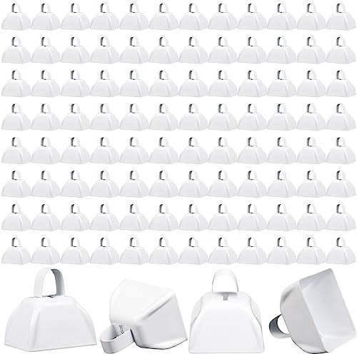 Boao 100 Pieces Metal Cowbell with Handle for Sporting Events Small Cow Loud Bells Noise Makers Call Bells for Wedding Cheering Football Games, 3 x 2.8 x 2.5 Inch(White)