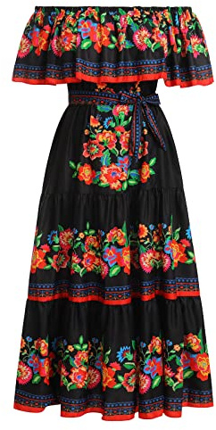 Odizli Robe longue d'été à épaules dénudées pour femme - Style bohème mexicain - Fleurs A