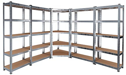 Bricozone Sistema Di 5 Scaffali Metallo e MDF 25 Ripiani Regolabili 1 Scaffale Angolare 4 Scaffali Per Magazzino Alta Portata 4375 kg Totali Scaffalatura Officina Garage Cantina Capannone Modulare