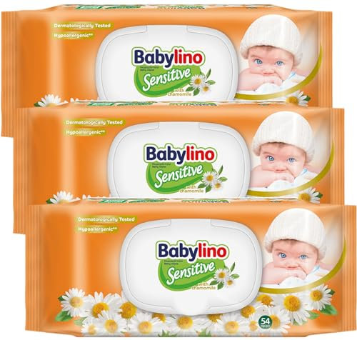 Babylino Sensitive Toallitas con delicada fragancia de Manzanilla, Fórmula 98% Natural que restaura el pH de la piel, 3 envases con cierre que ahorra frescor, 162 toallitas