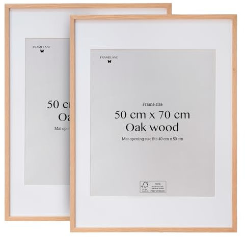 Framelane Set de 2 Marco 50x70 de Roble Macizo Natural FSC con Paspartú Blanco y Vidrio Acrílico, Marcos para Cuadros 50x70 Verticales u Horizontales, Marcos de Madera Elegantes