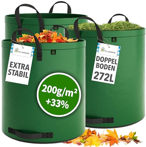 TTL Garden 3x 272L SUPER SOLID Gartensack grün - DOPPELTER BODEN 2x200 gsm extra stabil & reißfest selbststehend 4 Griffe groß robust 3er Set Laubsack Abfallsack für Gras Laub Hecke Gartenabfall
